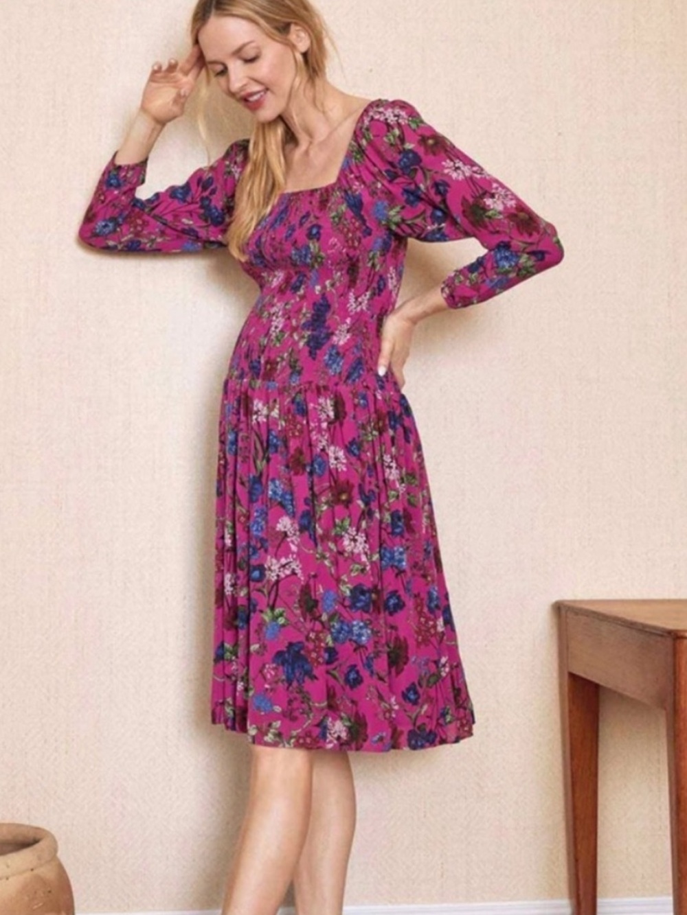 Hatch The Freya Maternity Smocked Long
Sleeve Dress Pink Queen Floral Size 4